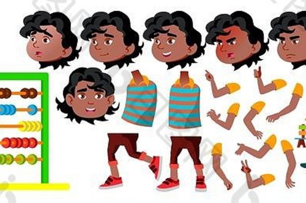 黑色的非洲式发型美国男孩幼儿园孩子向量动画创建集脸情绪手势友好的孩子们演讲打印设计动画孤立的卡通插图