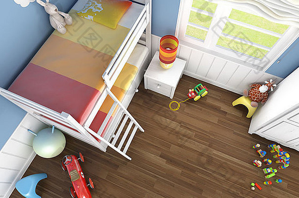 孩子们的房间蓝色的墙前很多玩具双层床上复制空间地板上
