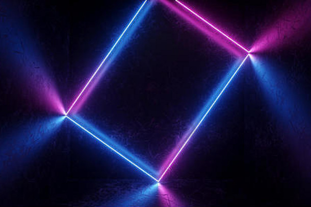 现代优雅的sci未来主义的黑暗挠金属混凝土难看的东西房间反射现实的纹理霓虹灯发光的矩形框架形状purpl