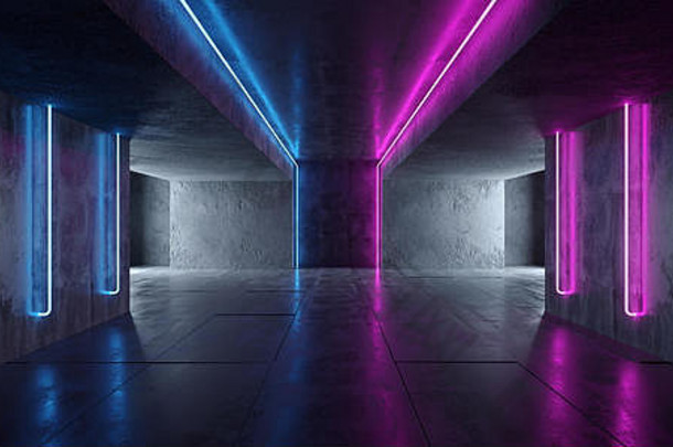 sci霓虹灯网络未来主义的现代复古的外星人跳舞俱乐部发光的紫色的粉红色的<strong>蓝色</strong>的灯黑暗空难看的东西混凝土反光房间走廊回来