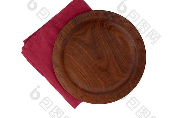 木板红色的织物餐巾serviette孤立的白色背景前视图