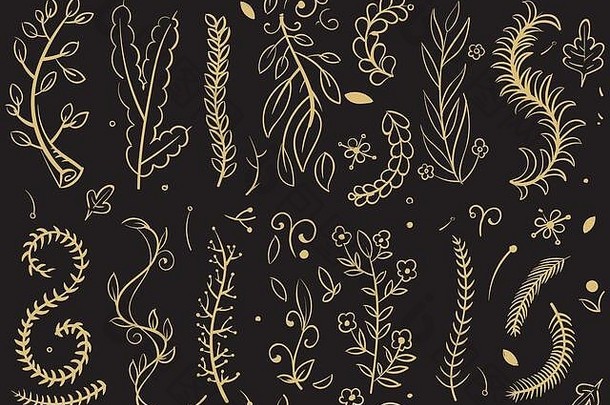 金树花卉分支机构黑色的背景树分支植物花叶画向量插图