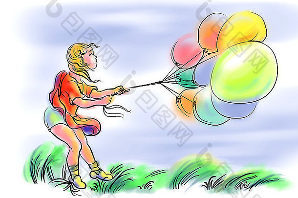 年轻的女孩彩色的气球手工制作的插图