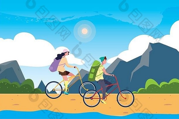 夫妇骑自行车景观向量插图