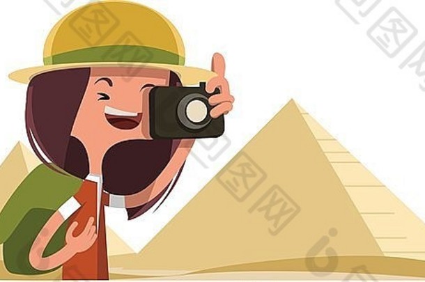 旅游埃及采取照片向量插图卡通字符