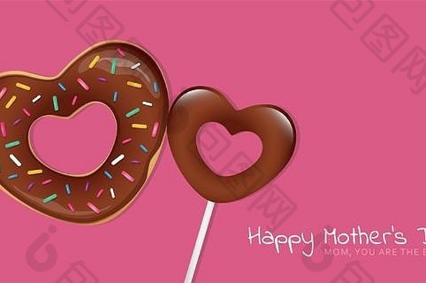 快乐母亲一天粉红色的问候卡心形状的甜甜圈棒棒糖向量插图每股收益