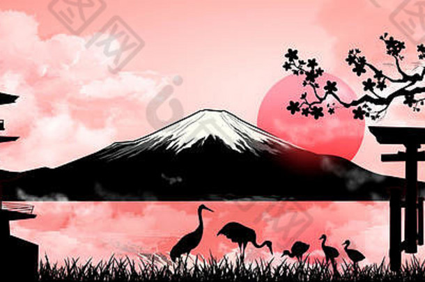 轮廓富士山日落景观山富士山富士粉红色的背景