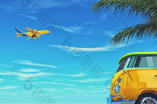 黄色的飞机苍蝇车渲染插图