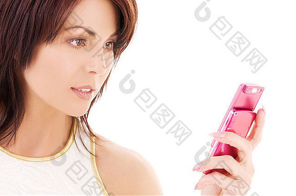图片女人粉红色的细胞电话