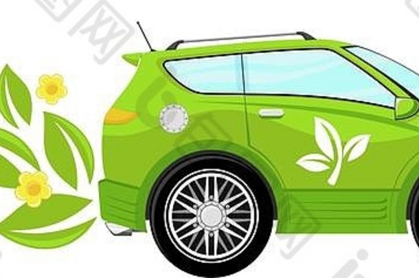 概念插图绿色生态车花叶子孤立的白色背景