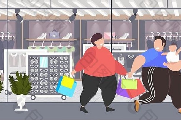 脂肪肥胖但孩子持有购物袋超重人孩子走大出售肥胖概念现代店里时尚商店