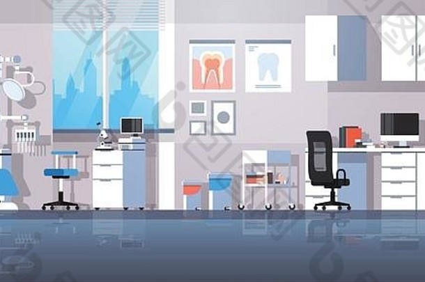 专业牙医工作场所椅子工具牙科房间内阁牙护理概念现代诊所办公室室内平水平横幅