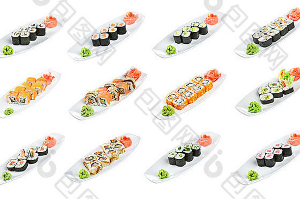 日本厨房寿司卷各种各样的白色背景