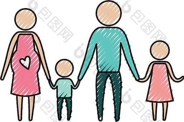 颜色蜡笔轮廓pictogram父母妈妈。怀孕孩子们持有手