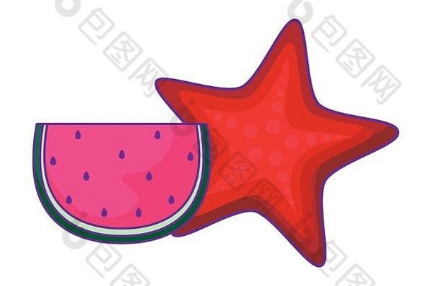 可爱的海星西瓜水果向量插图设计