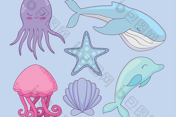 可爱的鲸鱼集团动物海洋向量插图设计