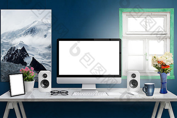 电脑显示办公室桌子上孤立的白色屏幕模型有创意的现代桌子上演讲者图片框架眼镜