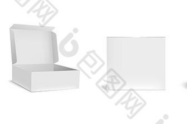 开放关闭白色盒子模型打开包装盒子空矩形包现实的包向量插图集广场空白