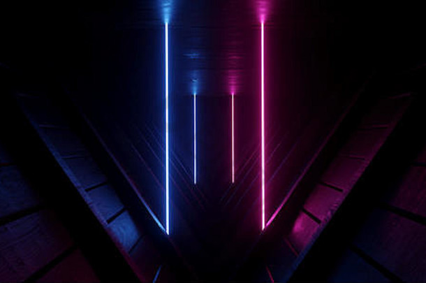 sci未来主义的霓虹灯发光的紫色的蓝色的晚上黑暗月亮光三角形屋顶隧道走廊阁楼领导光充满活力的木木板纹理现实的