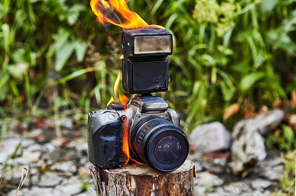 野火摧毁了游客相机游客忘记了相机树桩火摧毁了相机小工具燃烧融化了失败的